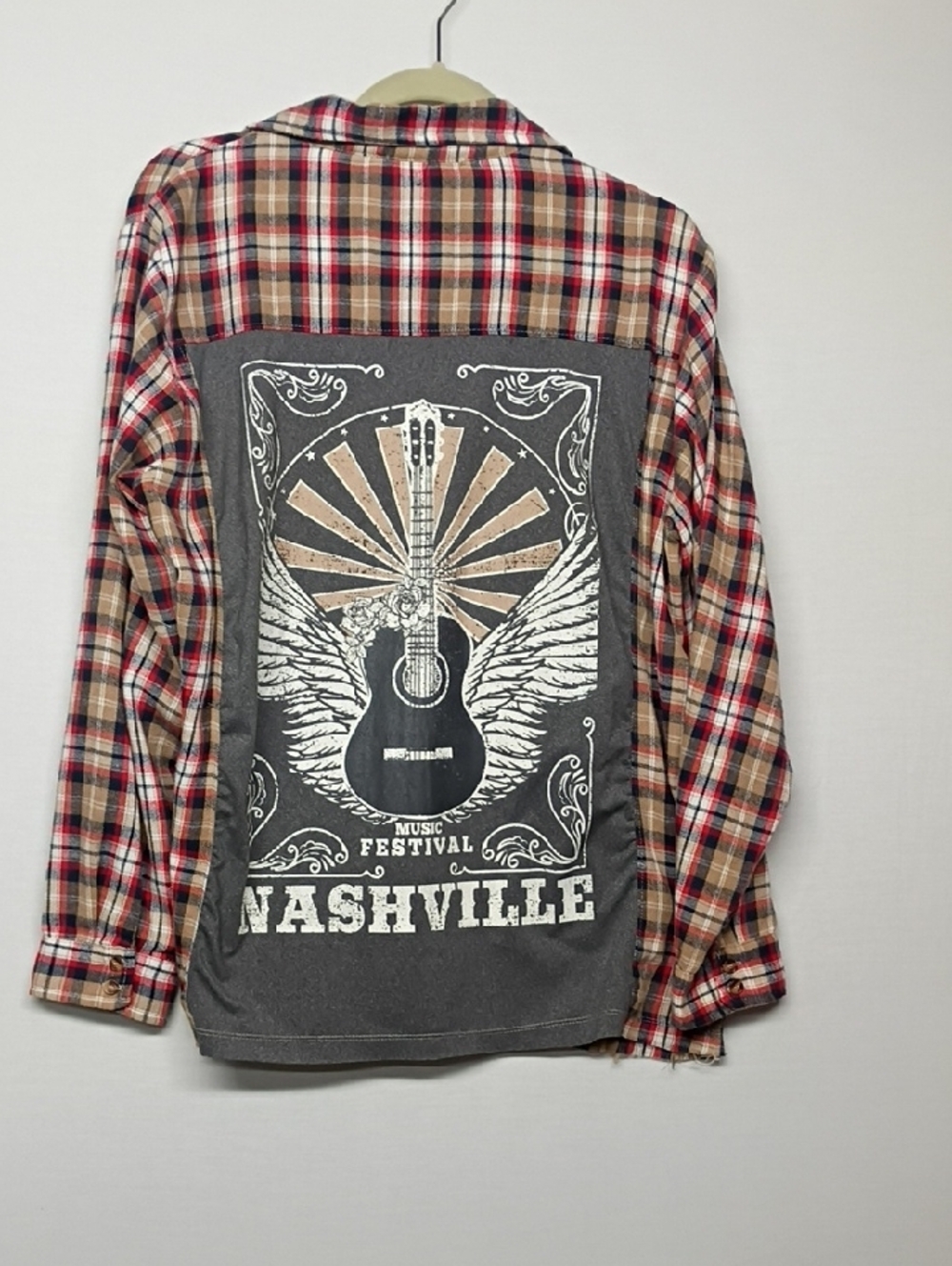 Plaid Button-Down Shirt with Graphic Back - Beige, Red & Gray - Picture 9 of 9